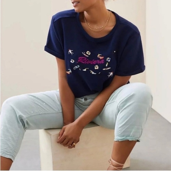 Maeve by Anthropologie Riviera Navy Blue Water Sports Embroidered Tee Shirt - Picture 2 of 8